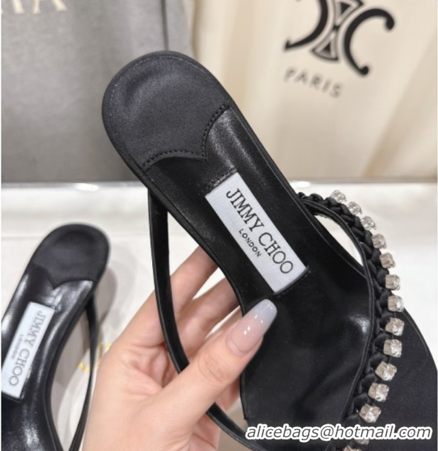 Luxurious Jimmy Choo Dila Heel Slides Sandal 5.5cm in Woven Satin and Strass Black 0708110