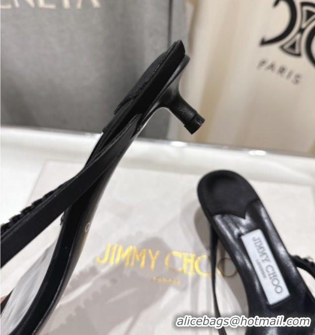 Luxurious Jimmy Choo Dila Heel Slides Sandal 5.5cm in Woven Satin and Strass Black 0708110