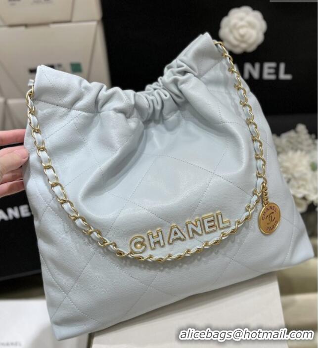 Spot Bulk Chanel 22 Bag in Haas Grainy Calfskin AS3261 Light Blue 2025 Top Quality