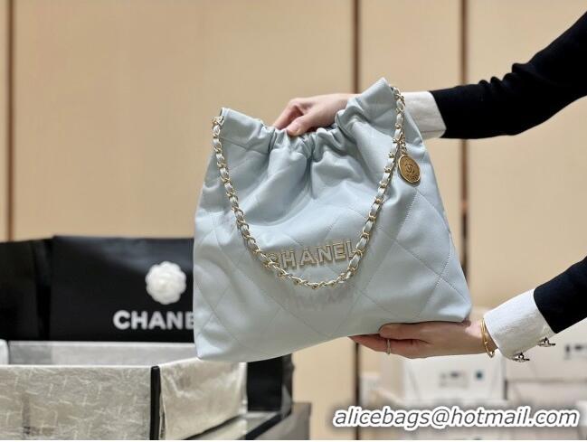Spot Bulk Chanel 22 Bag in Haas Grainy Calfskin AS3261 Light Blue 2025 Top Quality