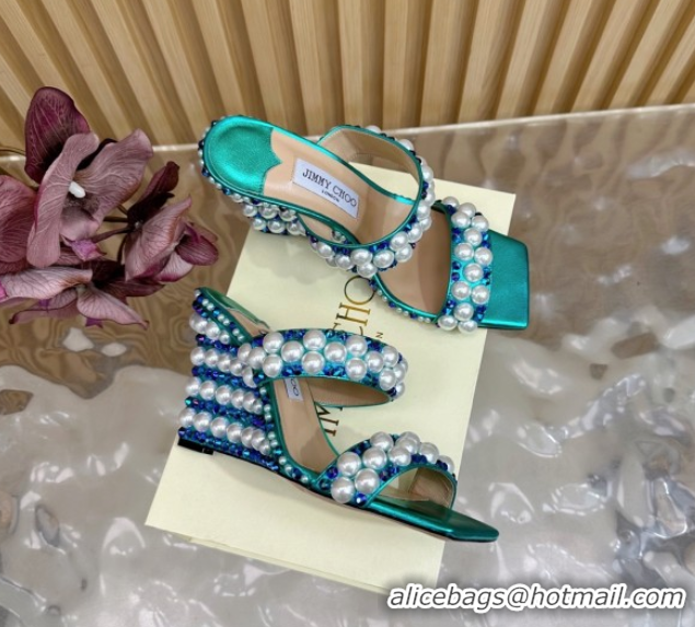Luxury Cheap Jimmy Choo Pearls Wedge Sandals with 10.5cm Heel Green 5072107