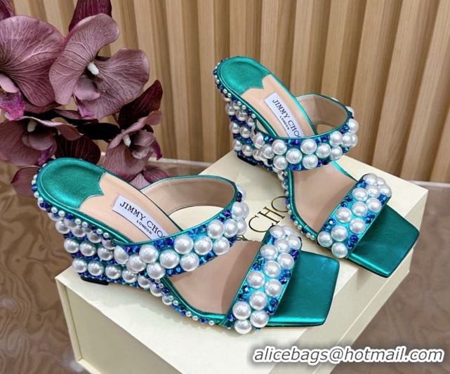 Luxury Cheap Jimmy Choo Pearls Wedge Sandals with 10.5cm Heel Green 5072107