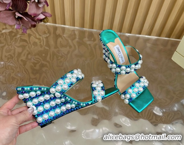 Luxury Cheap Jimmy Choo Pearls Wedge Sandals with 10.5cm Heel Green 5072107