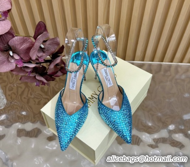 Perfect Jimmy Choo Saeda 85 Patent Leather Pumps with Crystal Blue 5072201