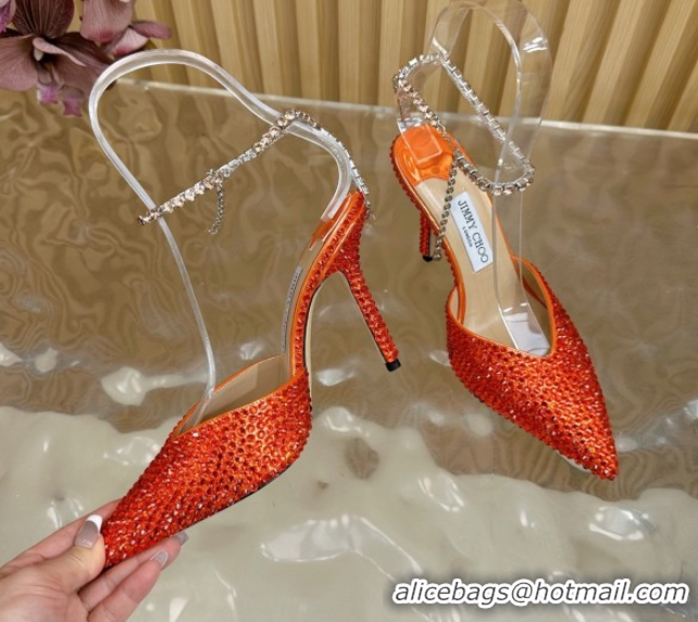 Best Grade Jimmy Choo Saeda 85 Patent Leather Pumps with Crystal Orange 5072204