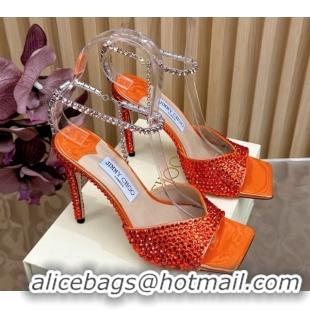 Low Price Jimmy Choo Saeda 85 Patent Leather Sandals with Crystal Orange 5072301