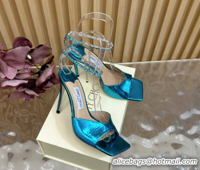 Top Design Jimmy Choo Saeda 85 Mirror Patent Leather Sandals Blue 5072311