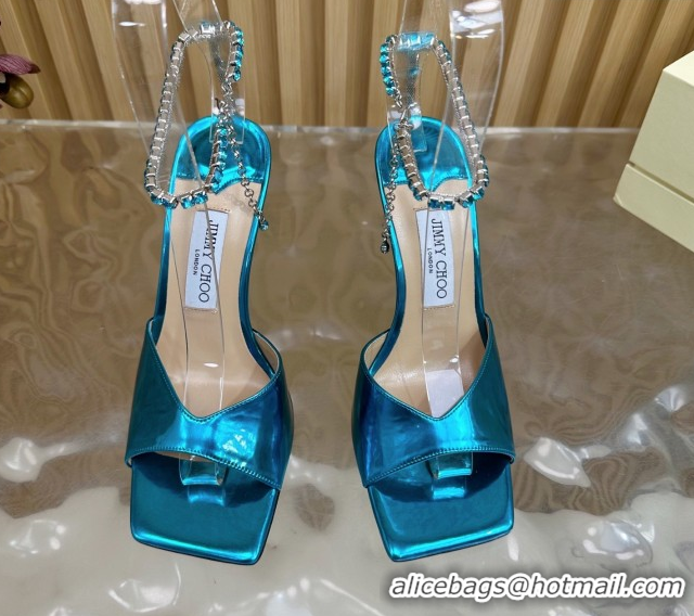 Top Design Jimmy Choo Saeda 85 Mirror Patent Leather Sandals Blue 5072311
