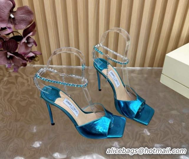 Top Design Jimmy Choo Saeda 85 Mirror Patent Leather Sandals Blue 5072311