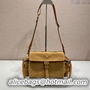 Inexpensive Prada Explore medium suede shoulder bag with flap Cinnamon 1BD394 Brown 2025
