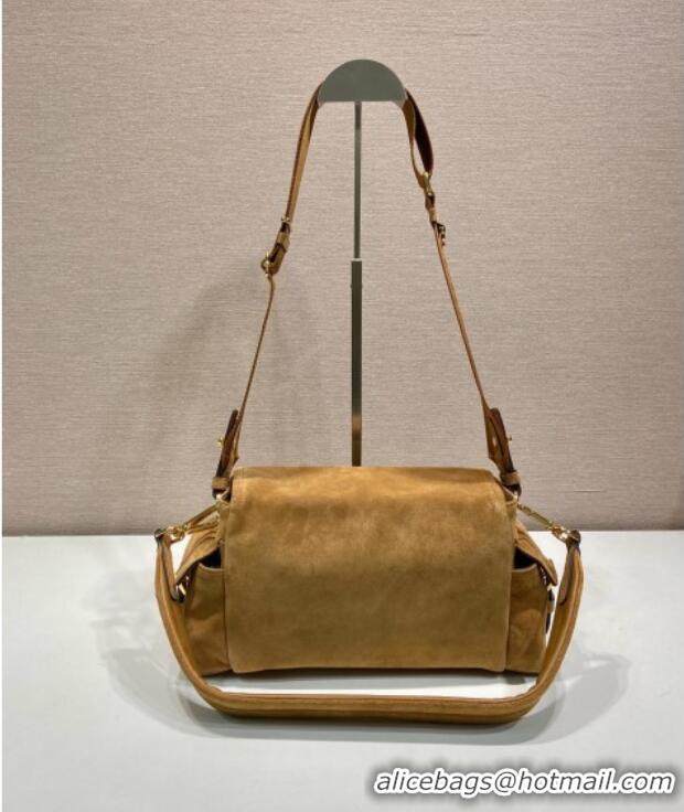 Inexpensive Prada Explore medium suede shoulder bag with flap Cinnamon 1BD394 Brown 2025