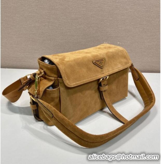 Inexpensive Prada Explore medium suede shoulder bag with flap Cinnamon 1BD394 Brown 2025