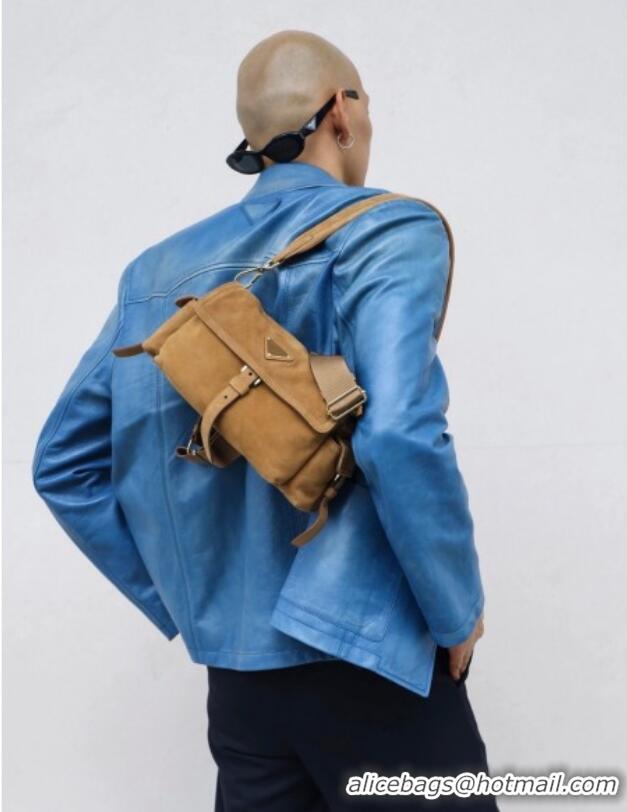 Inexpensive Prada Explore medium suede shoulder bag with flap Cinnamon 1BD394 Brown 2025