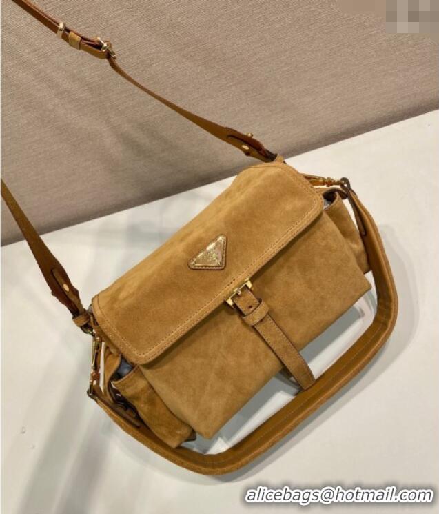 Inexpensive Prada Explore medium suede shoulder bag with flap Cinnamon 1BD394 Brown 2025