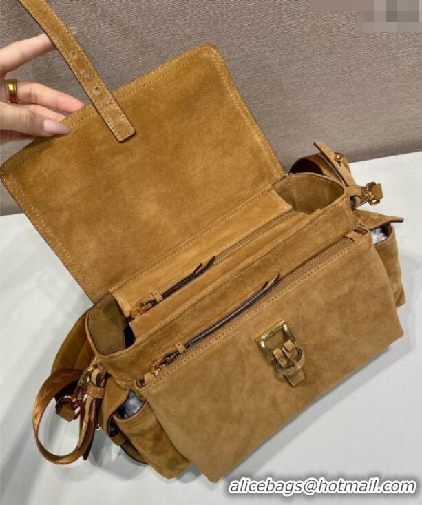 Inexpensive Prada Explore medium suede shoulder bag with flap Cinnamon 1BD394 Brown 2025