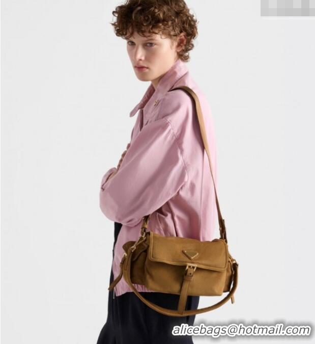 Inexpensive Prada Explore medium suede shoulder bag with flap Cinnamon 1BD394 Brown 2025