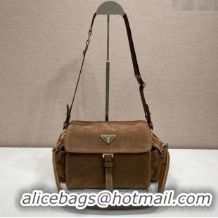 Best Price Prada Explore medium suede shoulder bag with flap 1BD394 Cocoa Brown 2025