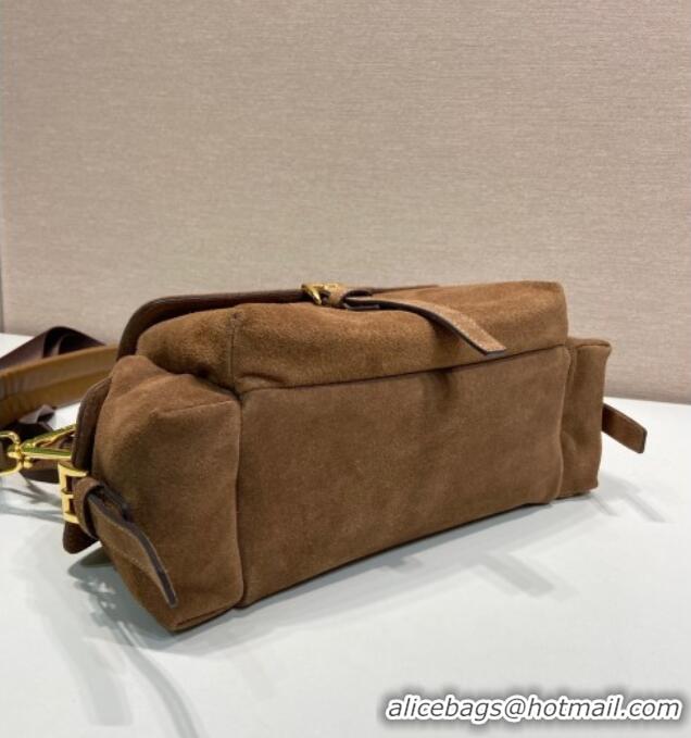 Best Price Prada Explore medium suede shoulder bag with flap 1BD394 Cocoa Brown 2025