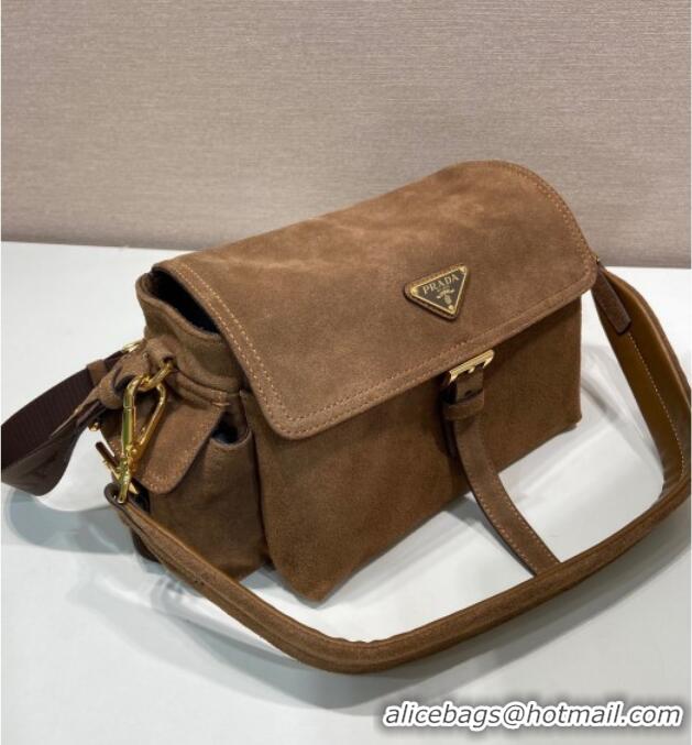 Best Price Prada Explore medium suede shoulder bag with flap 1BD394 Cocoa Brown 2025
