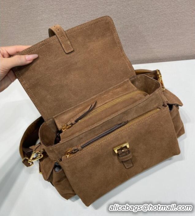 Best Price Prada Explore medium suede shoulder bag with flap 1BD394 Cocoa Brown 2025