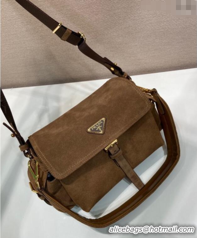 Best Price Prada Explore medium suede shoulder bag with flap 1BD394 Cocoa Brown 2025