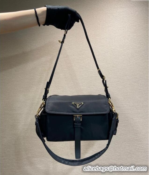 Promotional Prada Explore medium Re-Nylon shoulder bag with flap 1BD394 Black 2025