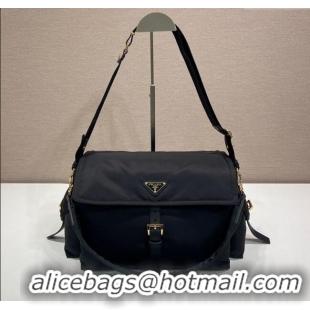 Buy Cheapest Prada Explore large Re-Nylon shoulder bag with flap 1BD391 Black 2025