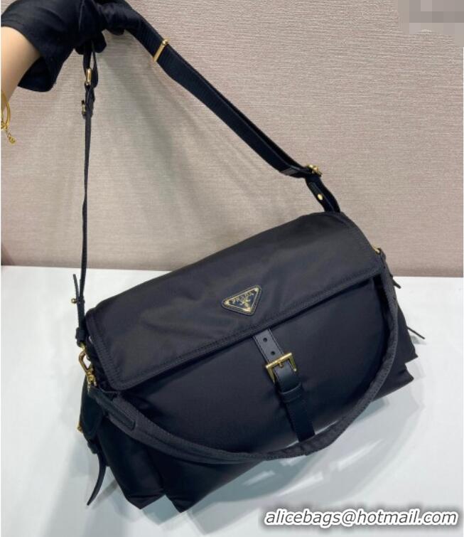 Buy Cheapest Prada Explore large Re-Nylon shoulder bag with flap 1BD391 Black 2025