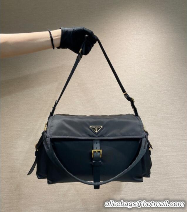 Buy Cheapest Prada Explore large Re-Nylon shoulder bag with flap 1BD391 Black 2025