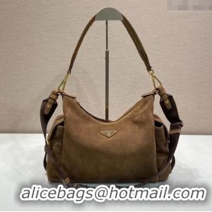 Buy Discount Prada Explore large suede shoulder bag 1BC264 Dark Brown 2025