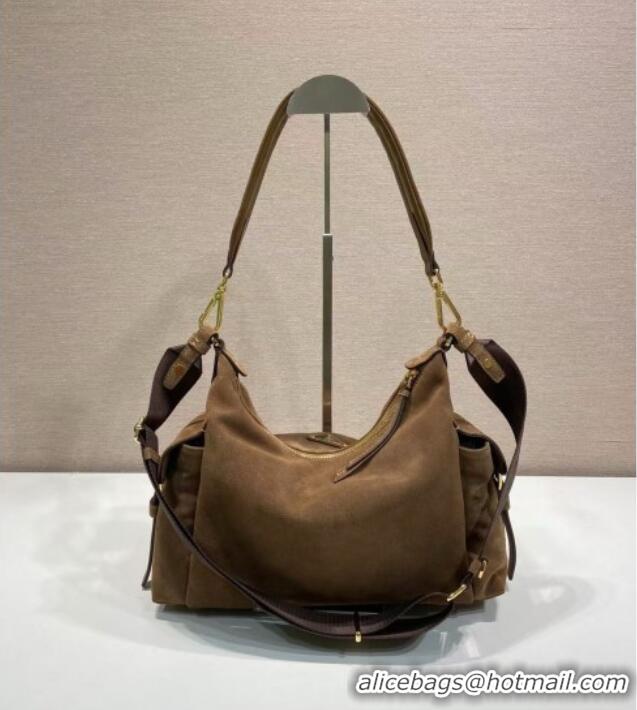 Buy Discount Prada Explore large suede shoulder bag 1BC264 Dark Brown 2025