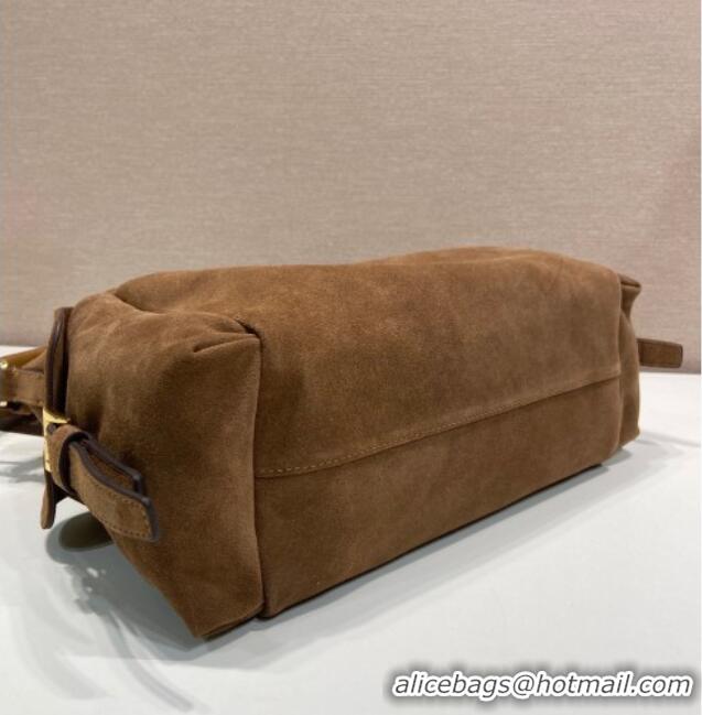 Buy Discount Prada Explore large suede shoulder bag 1BC264 Dark Brown 2025