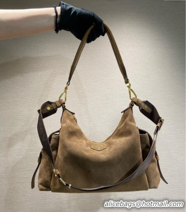 Buy Discount Prada Explore large suede shoulder bag 1BC264 Dark Brown 2025