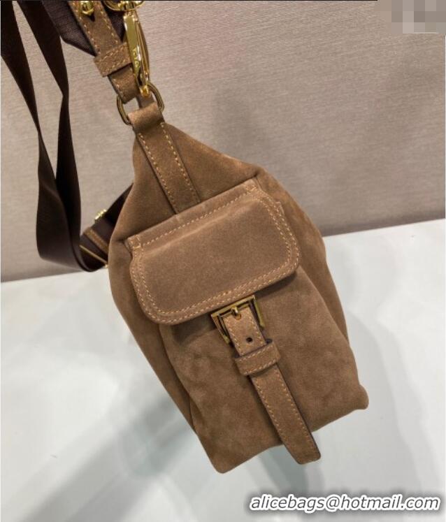 Buy Discount Prada Explore large suede shoulder bag 1BC264 Dark Brown 2025