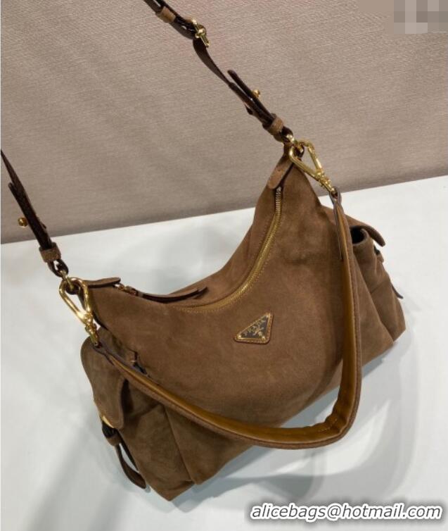 Buy Discount Prada Explore large suede shoulder bag 1BC264 Dark Brown 2025