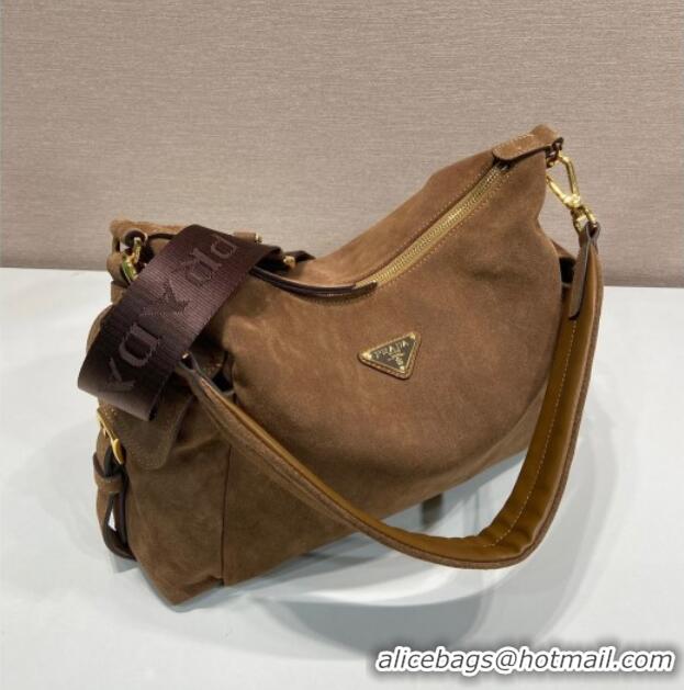 Buy Discount Prada Explore large suede shoulder bag 1BC264 Dark Brown 2025