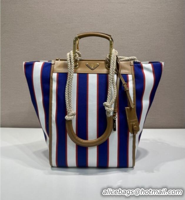 Promotional Prada Large Printed Canvas and Leather Tote Bag 1BG561 Blue 2025