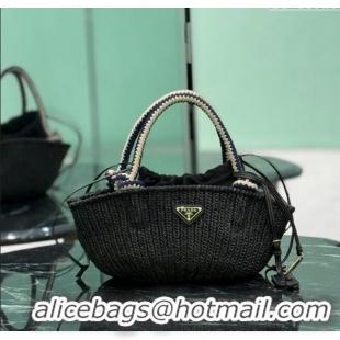 Good Product Prada Small crochet straw-like basket bag 1BA463 Black 2025
