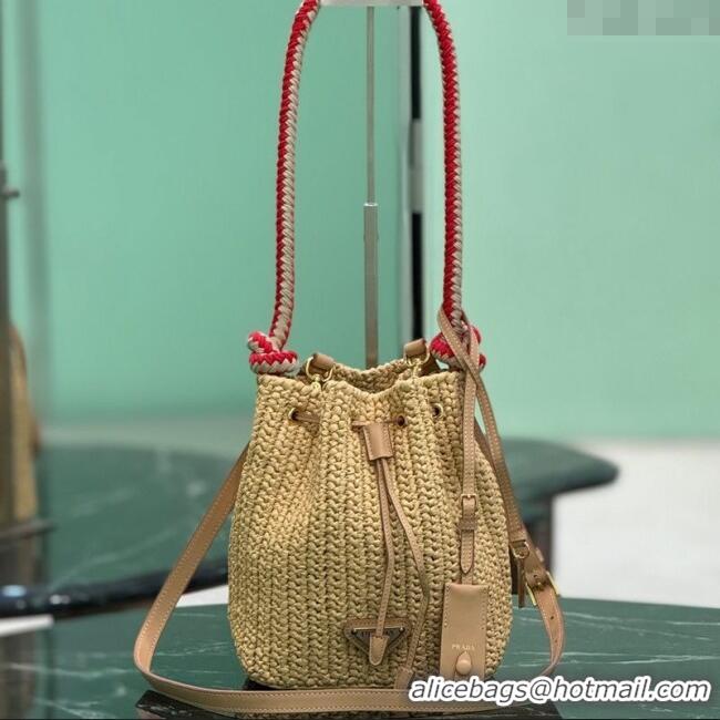 Best Quality Prada Crochet straw-like mini bucket bag 1BE068 Beige 2025