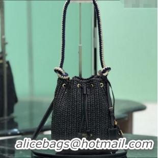 Grade Quality Prada Crochet straw-like mini bucket bag 1BE068 Black 2025