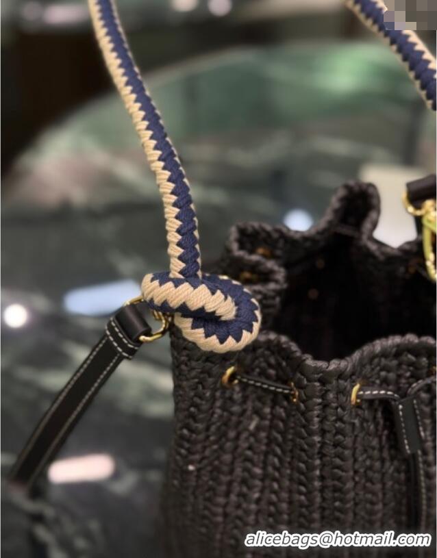 Grade Quality Prada Crochet straw-like mini bucket bag 1BE068 Black 2025
