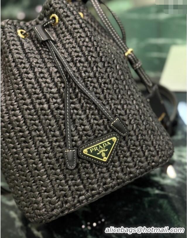 Grade Quality Prada Crochet straw-like mini bucket bag 1BE068 Black 2025