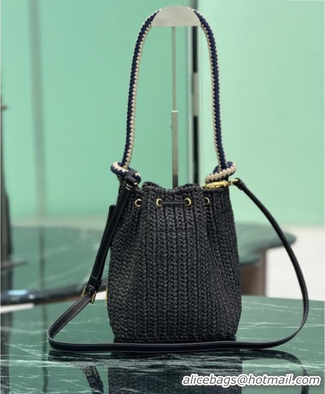 Grade Quality Prada Crochet straw-like mini bucket bag 1BE068 Black 2025
