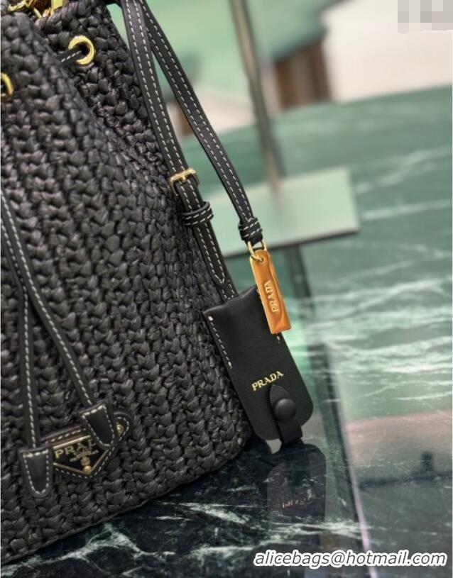 Grade Quality Prada Crochet straw-like mini bucket bag 1BE068 Black 2025