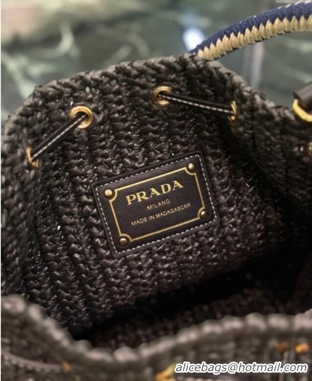 Grade Quality Prada Crochet straw-like mini bucket bag 1BE068 Black 2025