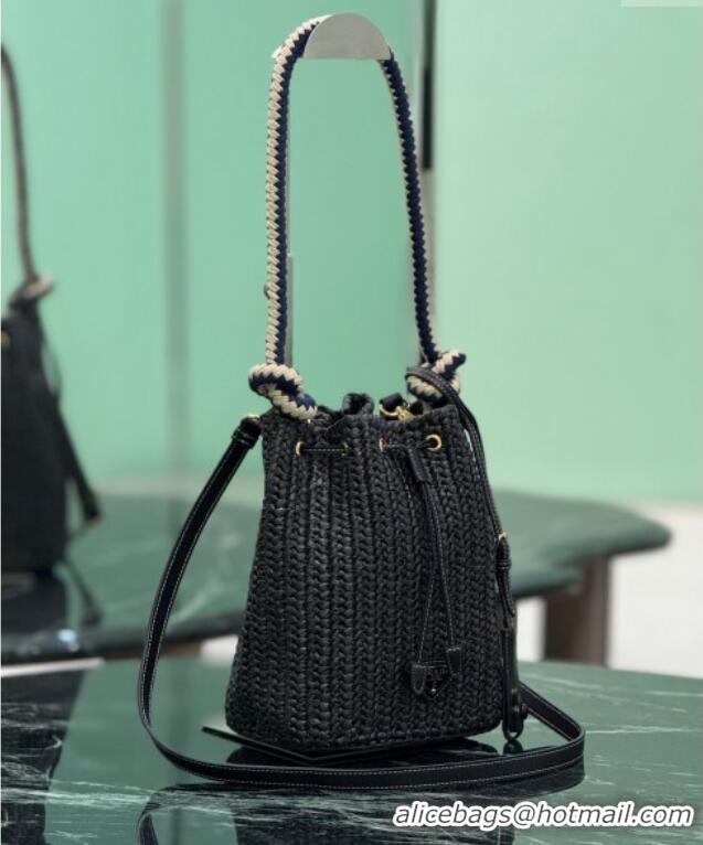 Grade Quality Prada Crochet straw-like mini bucket bag 1BE068 Black 2025