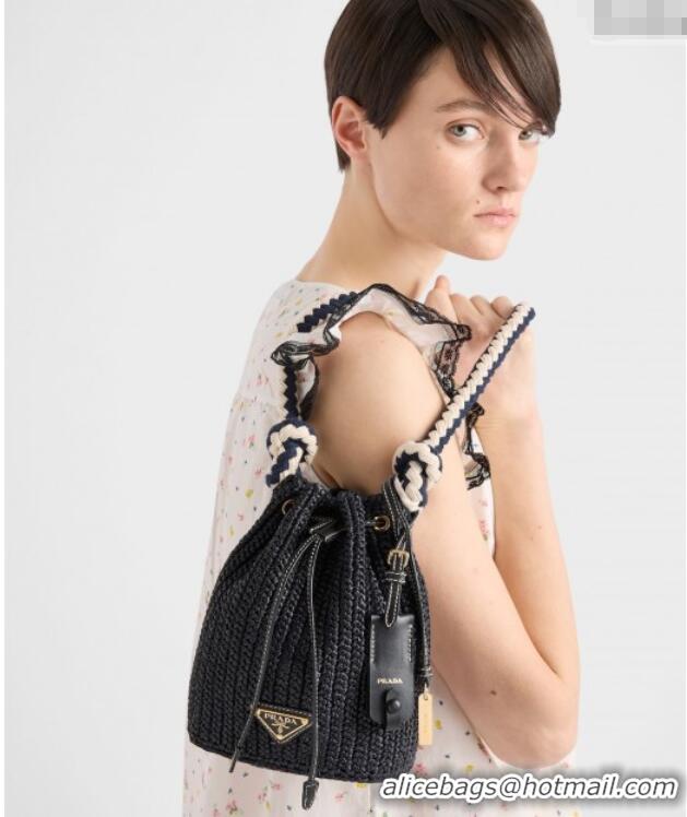 Grade Quality Prada Crochet straw-like mini bucket bag 1BE068 Black 2025