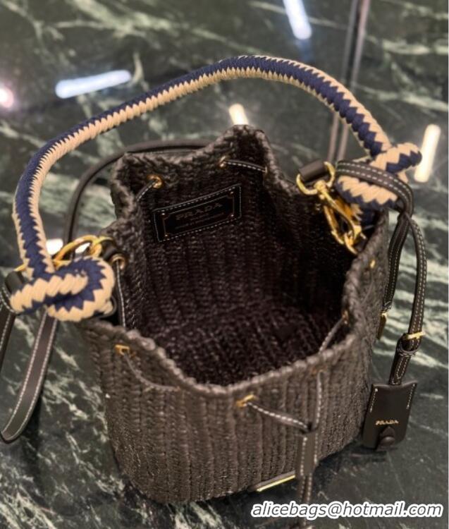 Grade Quality Prada Crochet straw-like mini bucket bag 1BE068 Black 2025