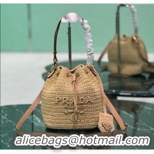 Promotional Prada Crochet straw-like and leather mini bucket bag 1BE068 2025