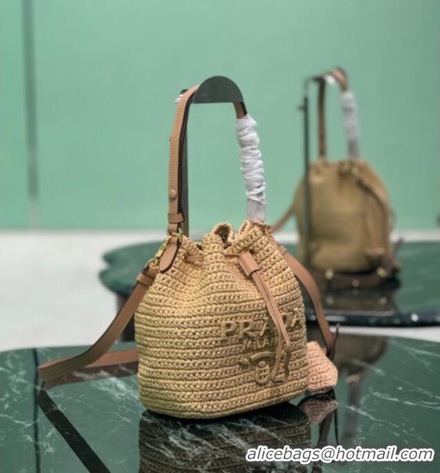 Promotional Prada Crochet straw-like and leather mini bucket bag 1BE068 2025